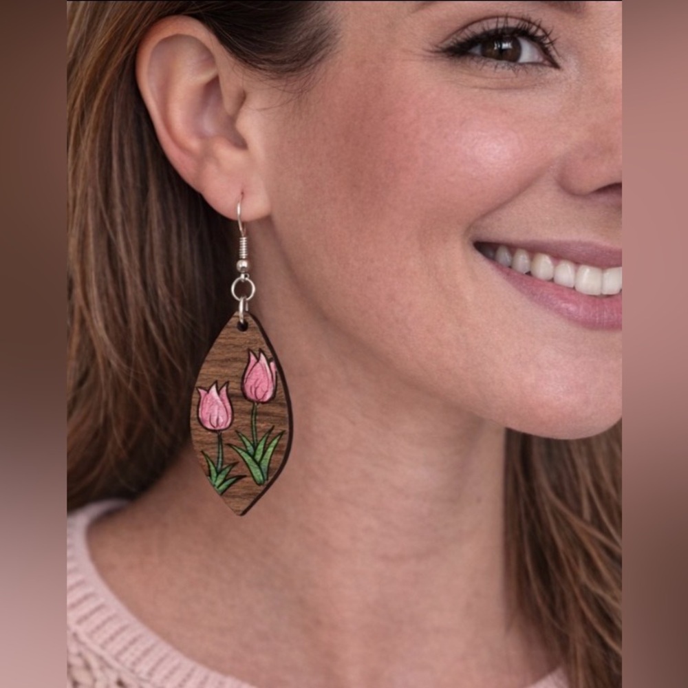 Handmade Pink Tulip Wooden Teardrop Dangle Earrings HandPainted Floral Boho Chic